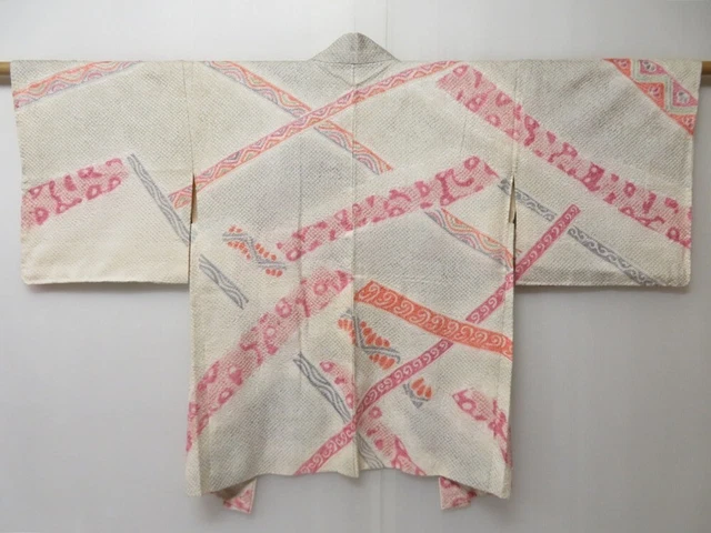 2102T04z490 Vintage Japanese Kimono Silk SHIBORI HAORI  Off-white