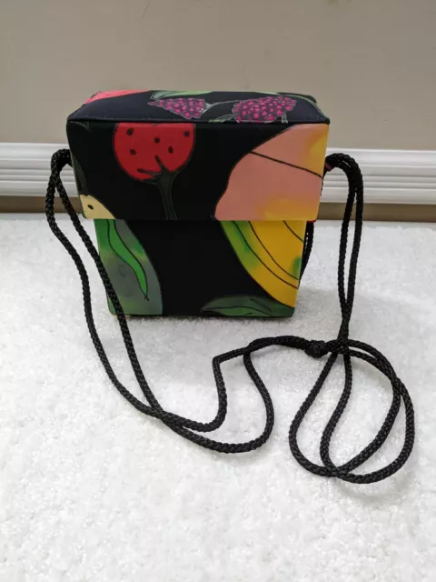 Stunning vintage hand painted silk square shaped box bag.  Colorful