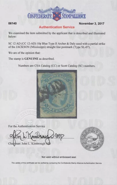 Genuine Confederate Csa Cert Scott #12 Used Blue Die-B Jackson Straightline Sl07