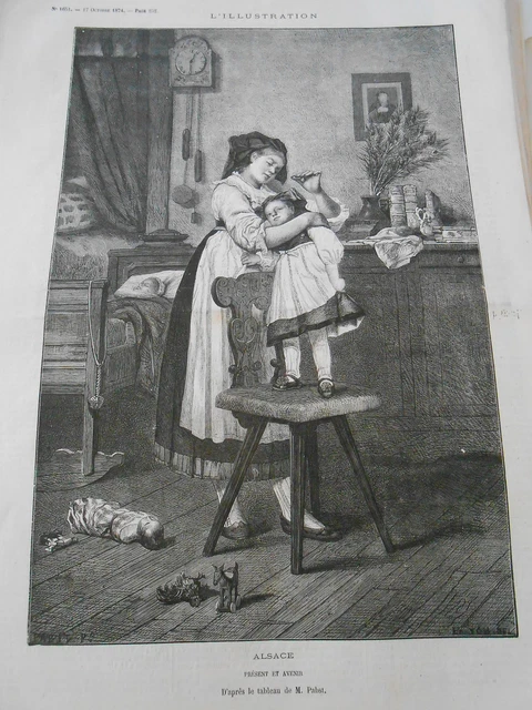 Gravure 1874 - Alsace présent et avenir Jeune Fille et sa poupée