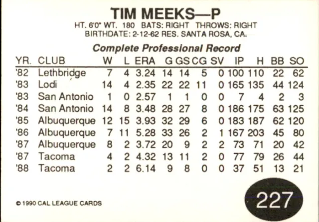 1990 CARTES PALM Springs Angels Cal League 227 Tim Meeks Santa Rosa ...