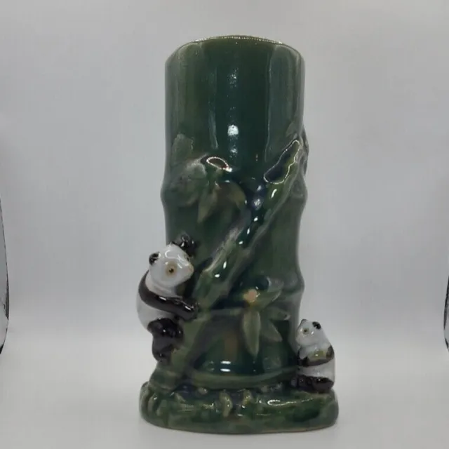 Vintage Ceramic Flower vase.  Panda with lucky bamboo design.  