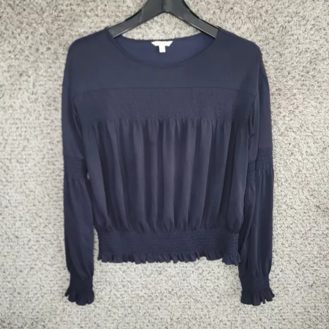 Joie Top Womens Small Navy Blue Smocked Long Sleeve Round Neck Casual Ladies