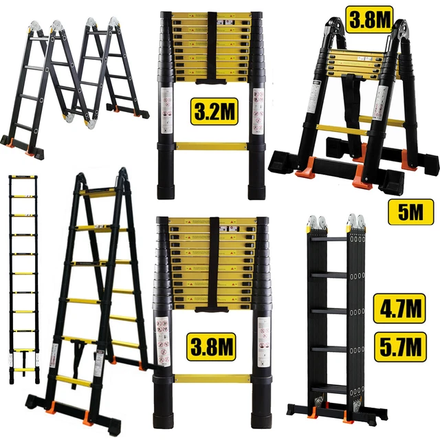 BLACK MULTIPURPOSE ALUMINIUM Step Telescopic Folding Ladder Extendable
