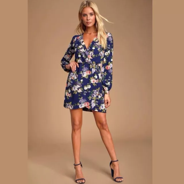 LULU'S Faux Wrap Mini Dress Floral Long Sleeve V-Neck Cocktail Casual Blue Small