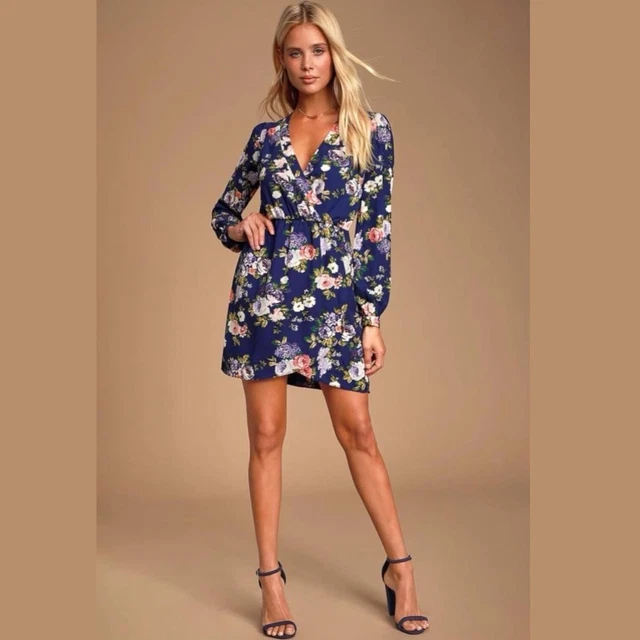 LULU'S Faux Wrap Mini Dress Floral Long Sleeve V-Neck Cocktail Casual Blue Small