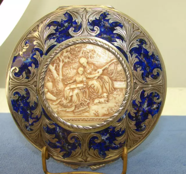 Vintage Hallmarked 800 Blue W Etched Floral & Carved Inset Compact Round