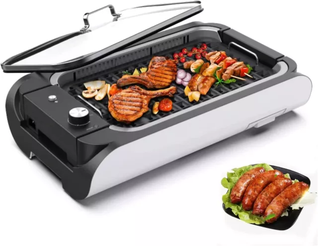 CALMDO 1000W Electric Indoor Smokeless Grill with Nonstick Plate, Tempered Glass