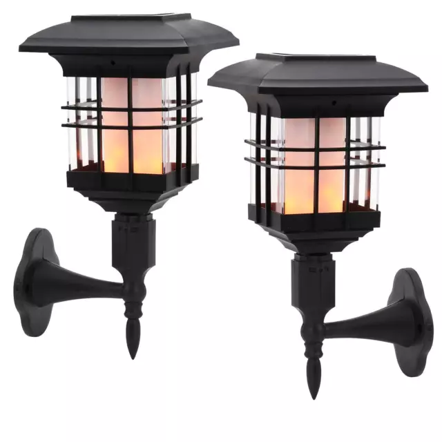 2 x Solar Flickering Flame Effect 51 LED Wall Lights Garden Fence Door Shed Lamp