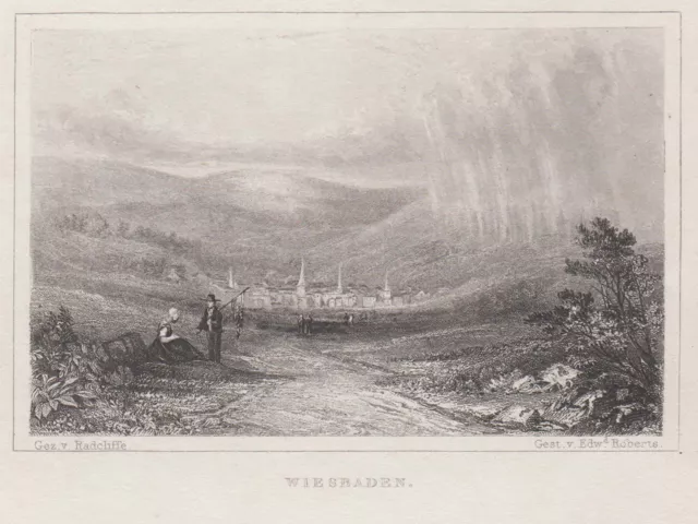 Wiesbaden Vista General Original Grabado de Acero Roberts 1835