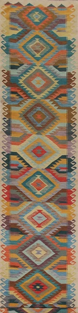 Alfombra oriental de lana para corredor Entryway colorida Kilim 3x16 ft tejido plano