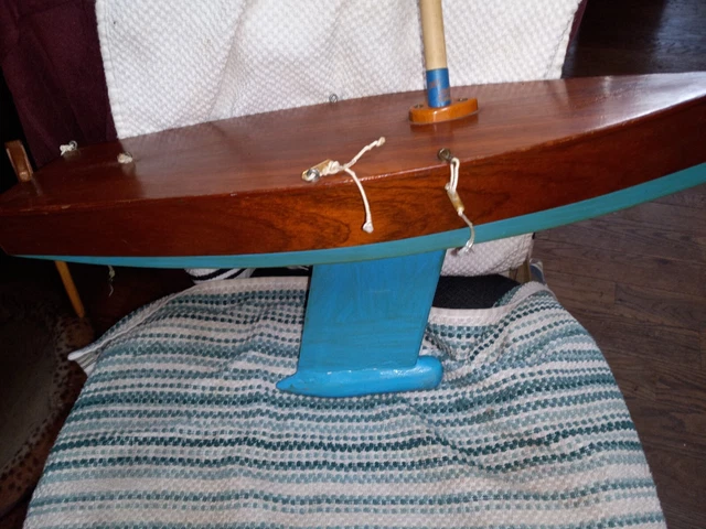 Vintage Wood Pond Sailboat 19" W Mahogany & Blue Needs Sail Weighted & W/ Rutter