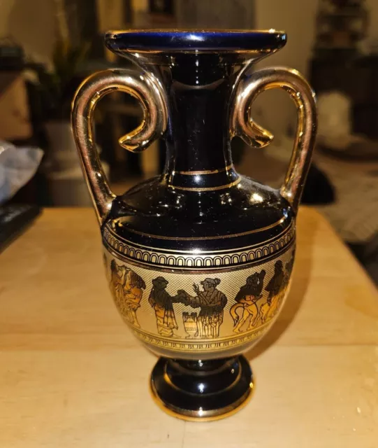 Greek I. Spyropoulos Pot Vase Blue 24K Gold Glaze Handmade Greco Roman Small