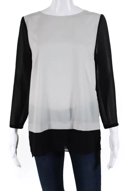 DKNYC Womens Colorblock Long Sleeve Pullover Round Neck Blouse Gray Black Size S