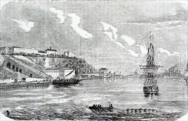 UKRAINE: The PORT of ODESSA, view taken from the COMMERCIAL DOCK - 19th century engraving