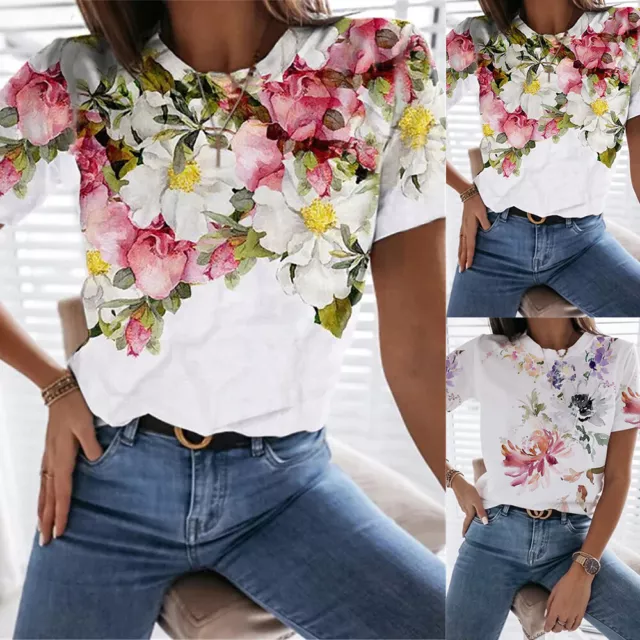 Womens Floral Short Sleeve T-Shirt Tops Ladies Summer Casual Loose Blouse Tee