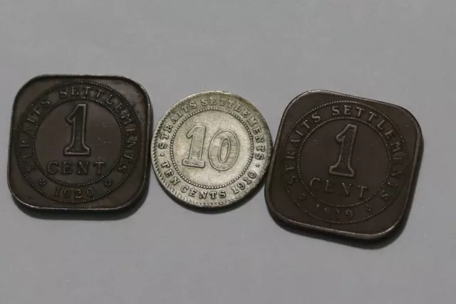 Straits Settlemens 1 Cent 1919 + 1920 + 10 Cents 1910 Silver B41 Ss43