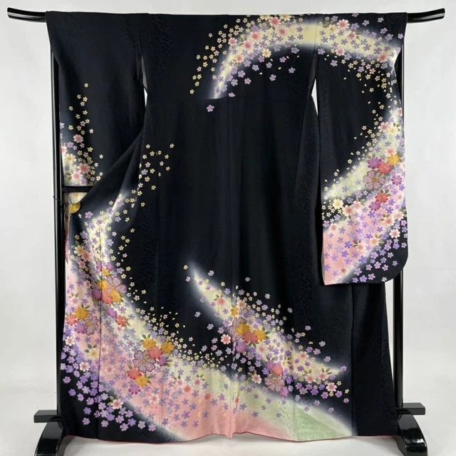 Woman Japanese Kimono Furisode Silk Cherry Blossom Gold Thread Foil Black