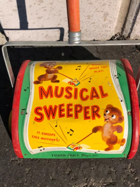 Vintage Toy Fisher Price Tin / Wood Musical Sweeper 2