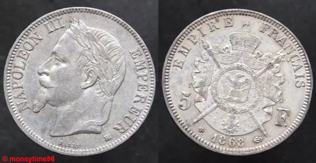 France ! Ecu de 5 francs argent Napoléon III 1868 BB en SUP-
