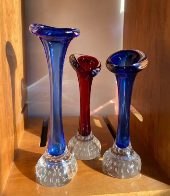 X3 Vintage Glass Bone Vases by Aseda Glasbruk of Sweden.  2 blue 1 Red as photo
