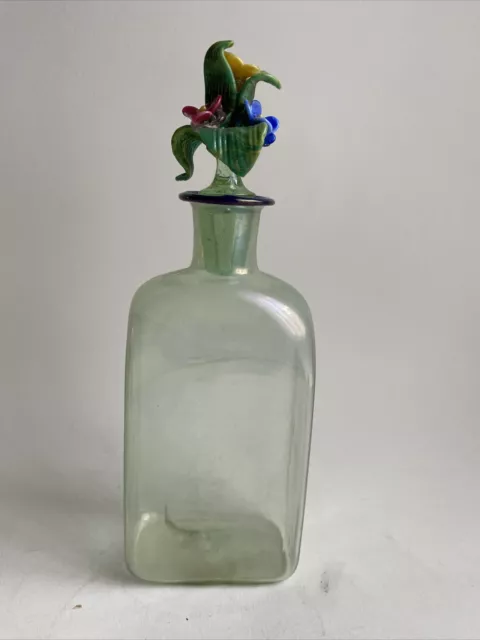 Antica Bottiglia Vetro Soffiato E Tappo Bouquet Di Fiori Murano