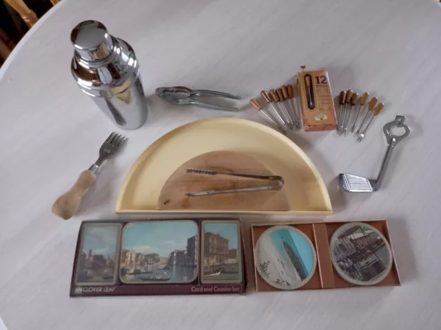 Vintage Bar Items. Cocktail shaker, Coasters, Cards, Olive Forks, Board Etc. VGC