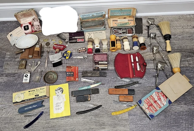 Lot of Miscellaneous Items Gillette Single Ring, Shaving Brushes, Straight &...