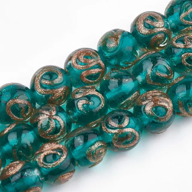 10 Handmade Lampwork Glass Beads - Translucent Blue Gold Swirls - 10mm P01632 3