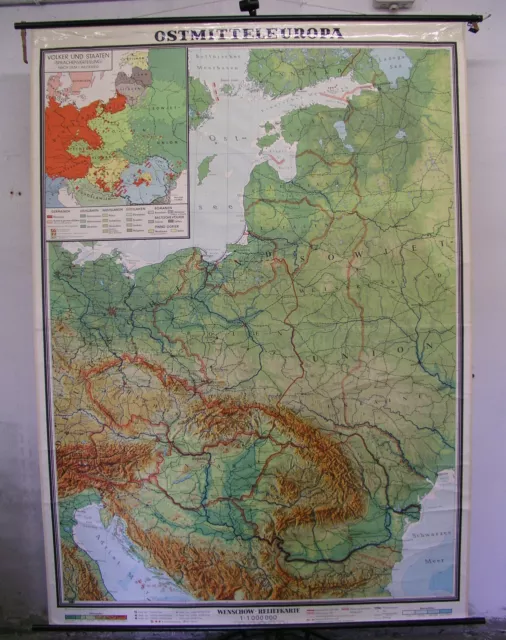 Schul-Wandkarte Völkerkarte Sprachen Deutsch 168x234c ~1957 Polen Ukraine Balten