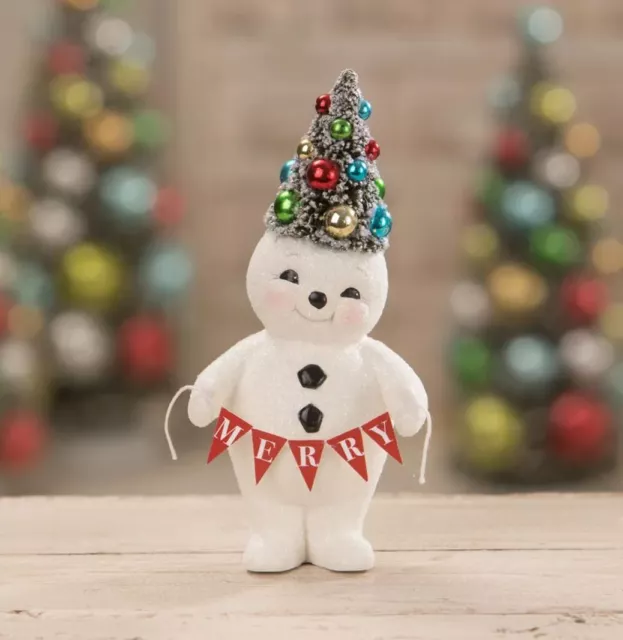7" Bethany Lowe Merry Bottlebrush Tree Snowman Figure Retro Vntg Christmas Decor