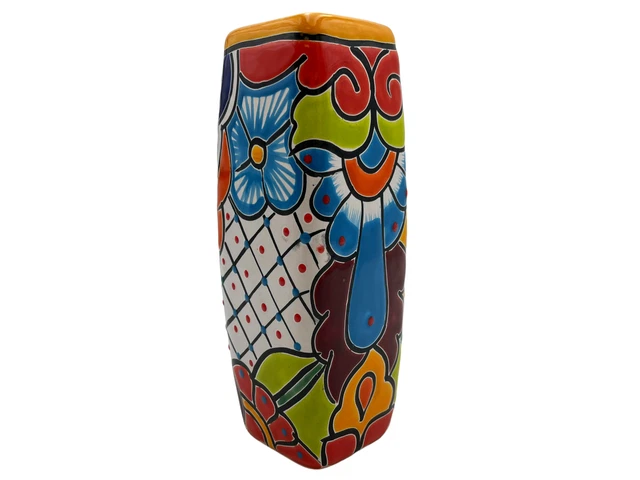 Talavera Square Vase Handmade Home Decor Mexican Pottery Indoor Outdoor 9.25"