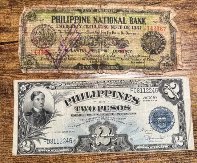 2 Philippine Emergency/World War II Notes: 1941 Five Peso & 1944 2 Peso Victory