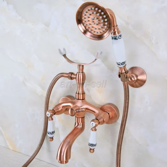 Antique Red Copper Wall Mount Bathroom Clawfoot Bath Tub Faucet w/ Hand Shower