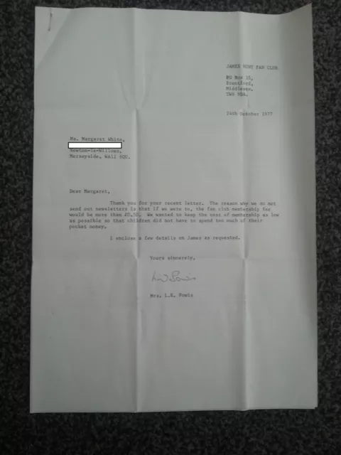 James Hunt Fan Club Letter 1977 Formula 1 (F1)