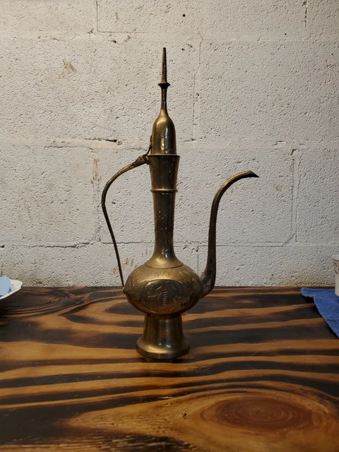 Vintage Solid Brass Teapot Genie Lamp Pitcher Made in India Tall Ornate Etched