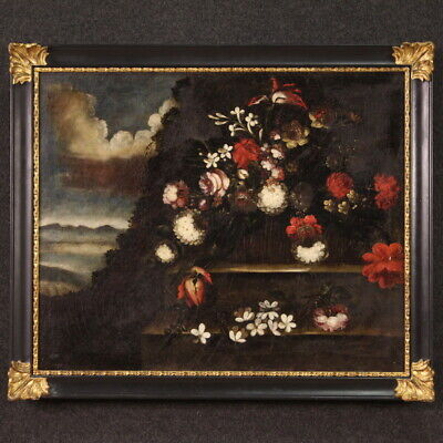 Bodegon antiguo jarron de flores pintura oleo sobre lienzo paisaje cuadro 700