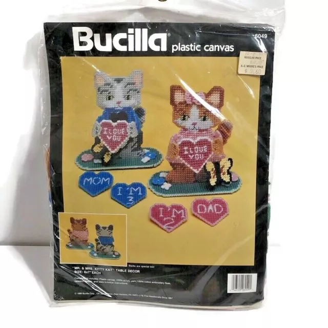 NUEVO 1990 Bucilla Mr. & Mrs. Kitty Kat Gato Plástico Lona Mesa Decoración 6049 ¡Maullido!
