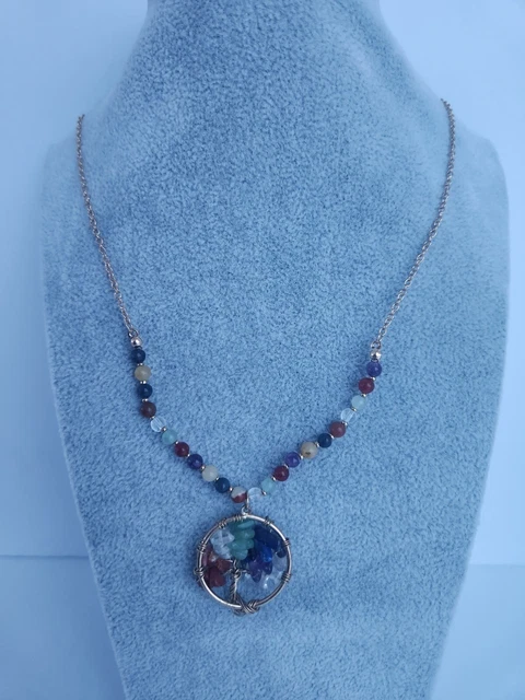 Pendant Necklace Natural Gemstone Tree of Life Pendant Silvertone Chain Boho