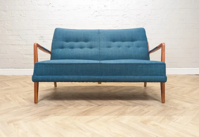 Mid-Century Vintage Retro Swedish Teal Wool & Beech 2 Seater Sofa by DUX 1950s 2