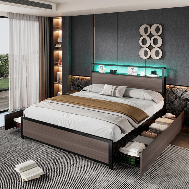 Led Frame Lights Loading METAL PLATFORM BED Frame 4ft6 Double with LED Lights, Drawers, Charging ...