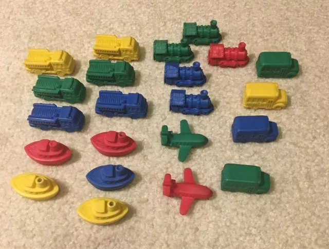 Lot 22 Vintage Rubber Erasers Toy Vehicle Figures Train Bus Fire Truck Airplane