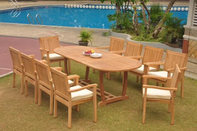 11pc Grade-A Teak Dining Set 94 Mas Oval Table Leveb Stacking Arm Chair Outdoor