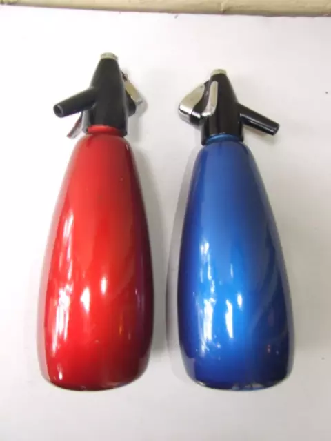 Vintage 2x Retro Red & Blue Anodised Soda Syphon Bottles  BOC England Bargain