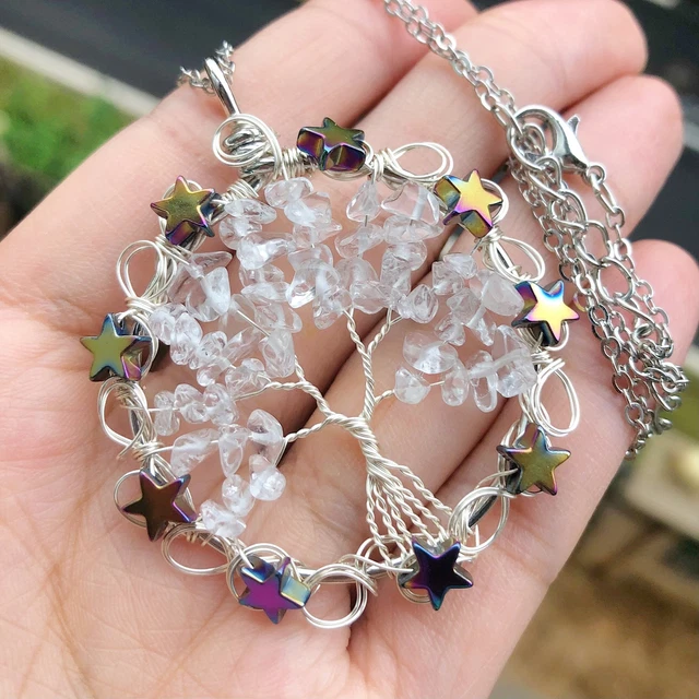 Rock Quartz Gem Tree Of Life Water-Drop Necklace Chakra Reiki Healing Amulet