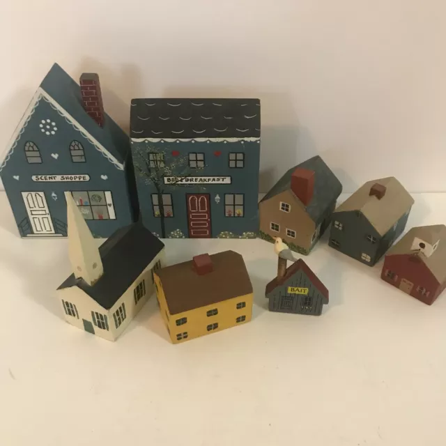 8 Handmade Miniature Wooden Painted Houses Church Stores 2-4" Tall Shelf Decor