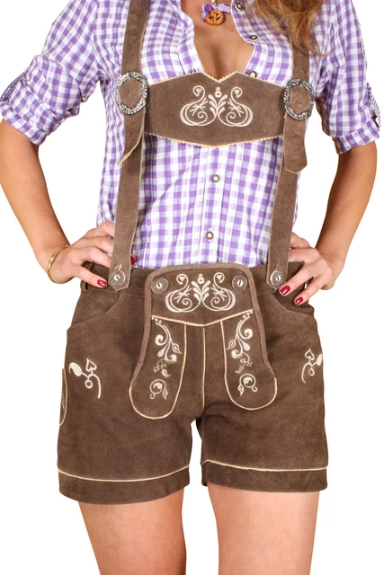 Trachten Lederhose für Damen Kurz mit Hosenträgern Gr. 32 braun  kudc1