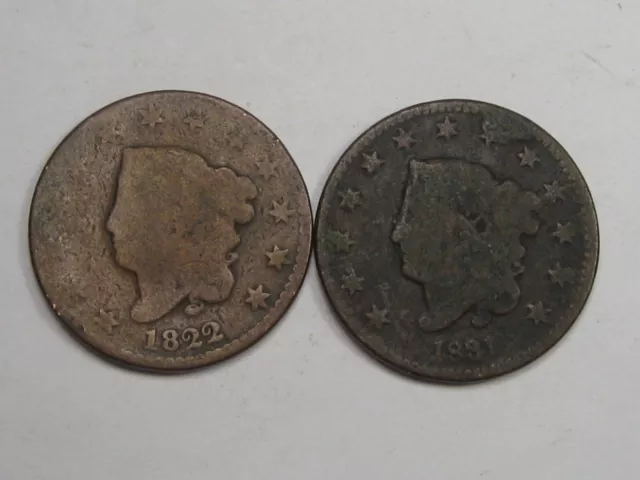 2 Ligeramente Torcido Grande Centavos: 1822 & 1831. #4