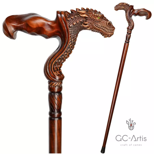 Wooden Walking Cane Stick Dragon Fantasy Style Ergonomic Original GC-Artis