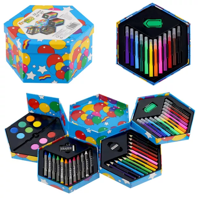 52 Pcs Craft Set Childrens Art Artists Hexagonal Box Crayons Paints Pens Pencils